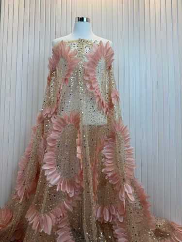Shiny bridal tulle lace with heavy beads and pearls luxury crystal sequins lace for wedding dress