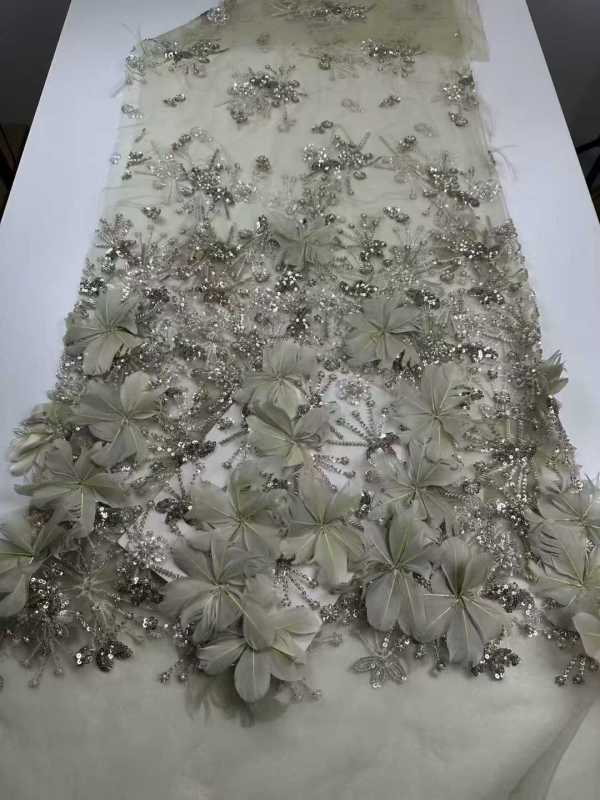 Affordable high quality lace fabric with beads pearls and sequins wedding dress lace fabric
