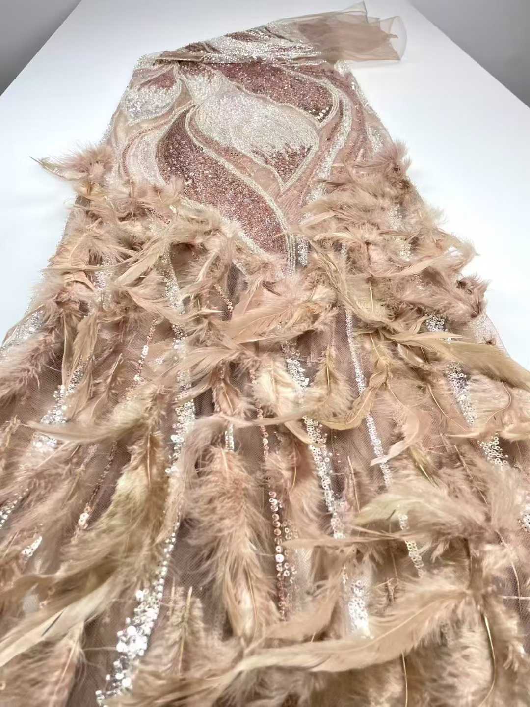Affordable high quality lace fabric with beads pearls and sequins wedding dress lace fabric