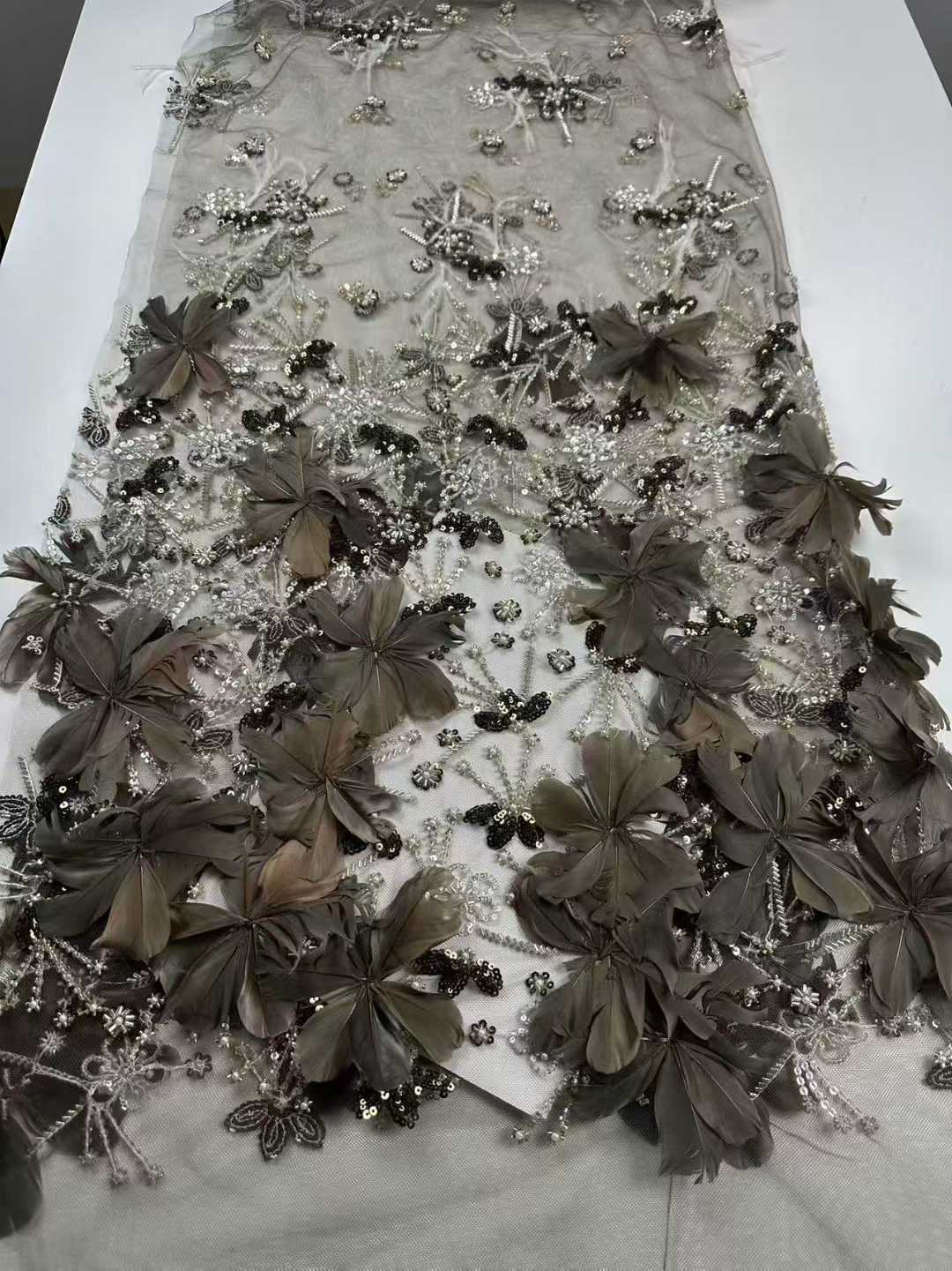 Affordable high quality lace fabric with beads pearls and sequins wedding dress lace fabric