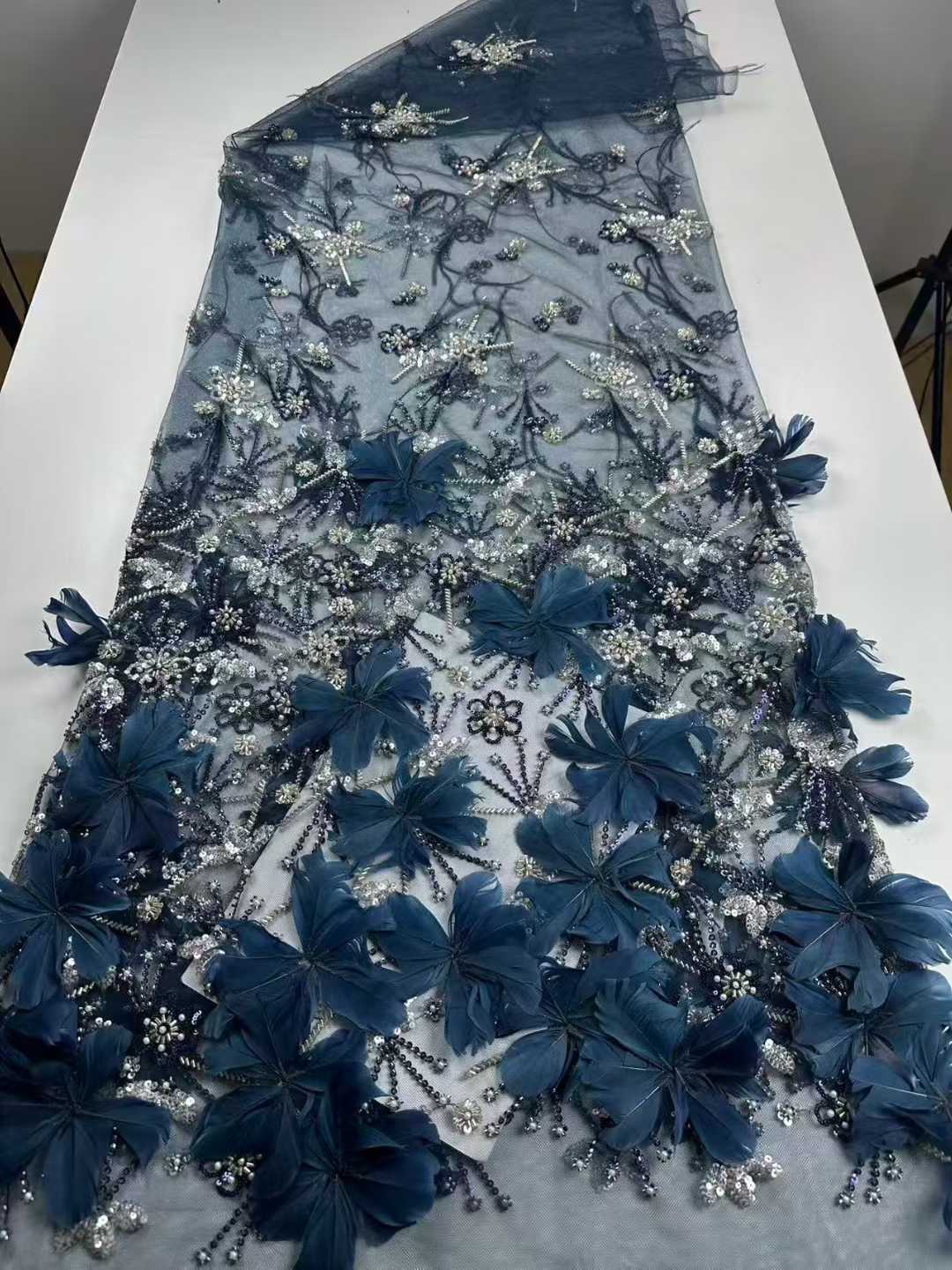 Affordable high quality lace fabric with beads pearls and sequins wedding dress lace fabric