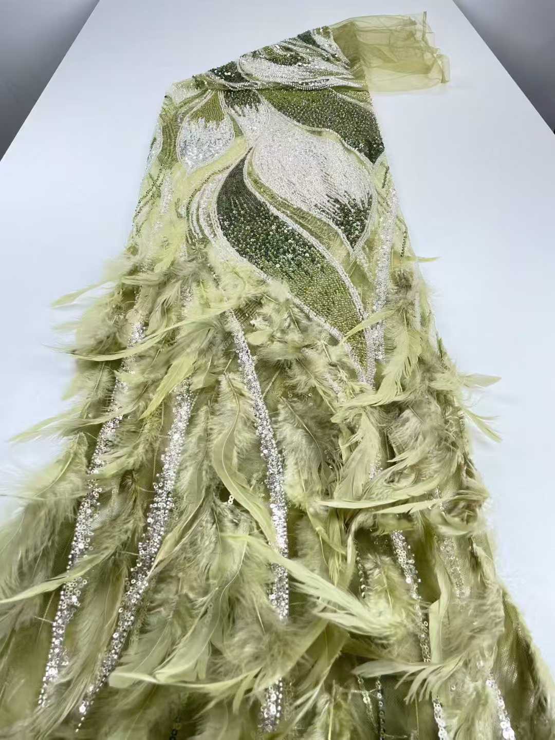 Affordable high quality lace fabric with beads pearls and sequins wedding dress lace fabric