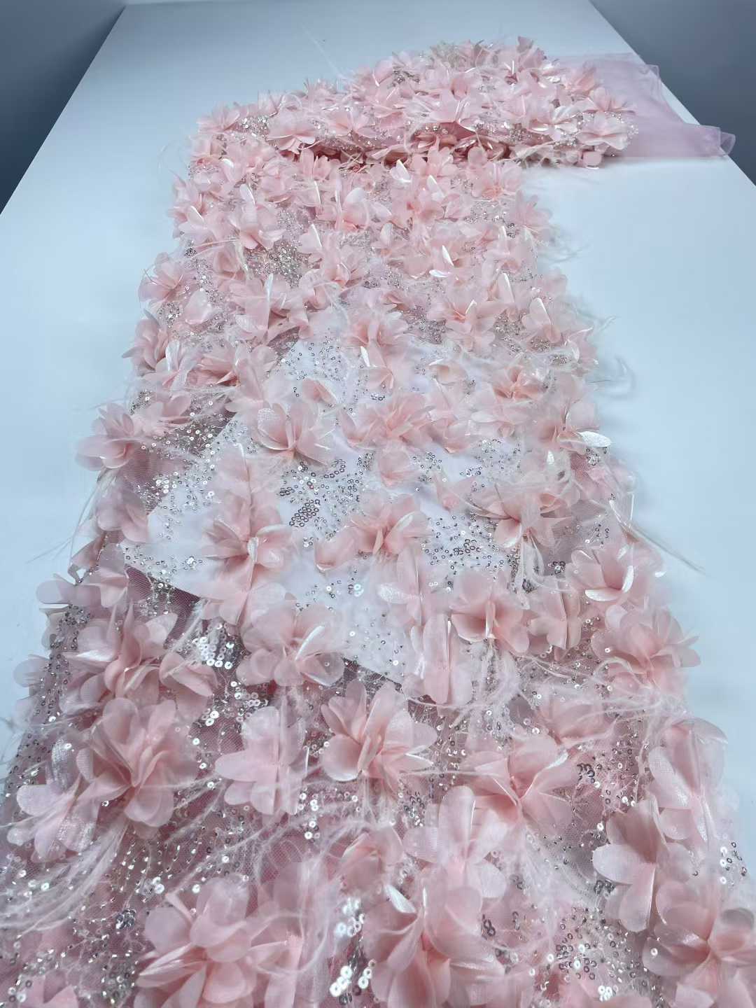 Affordable high quality lace fabric with beads pearls and sequins wedding dress lace fabric