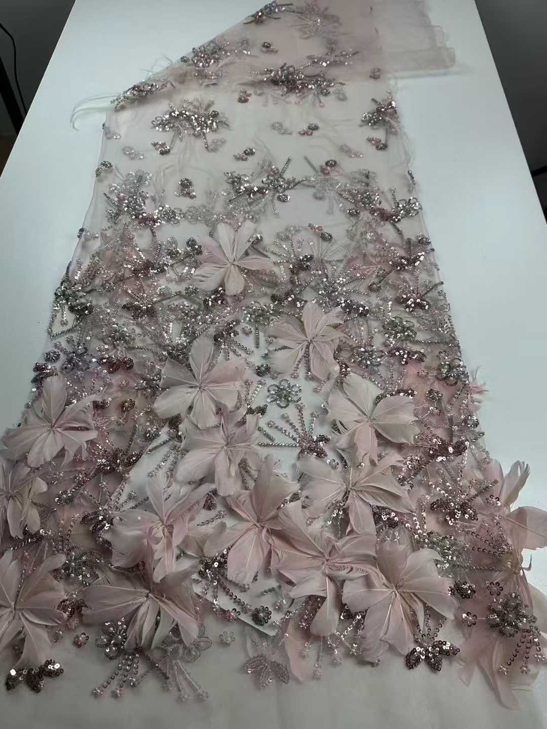 Affordable high quality lace fabric with beads pearls and sequins wedding dress lace fabric