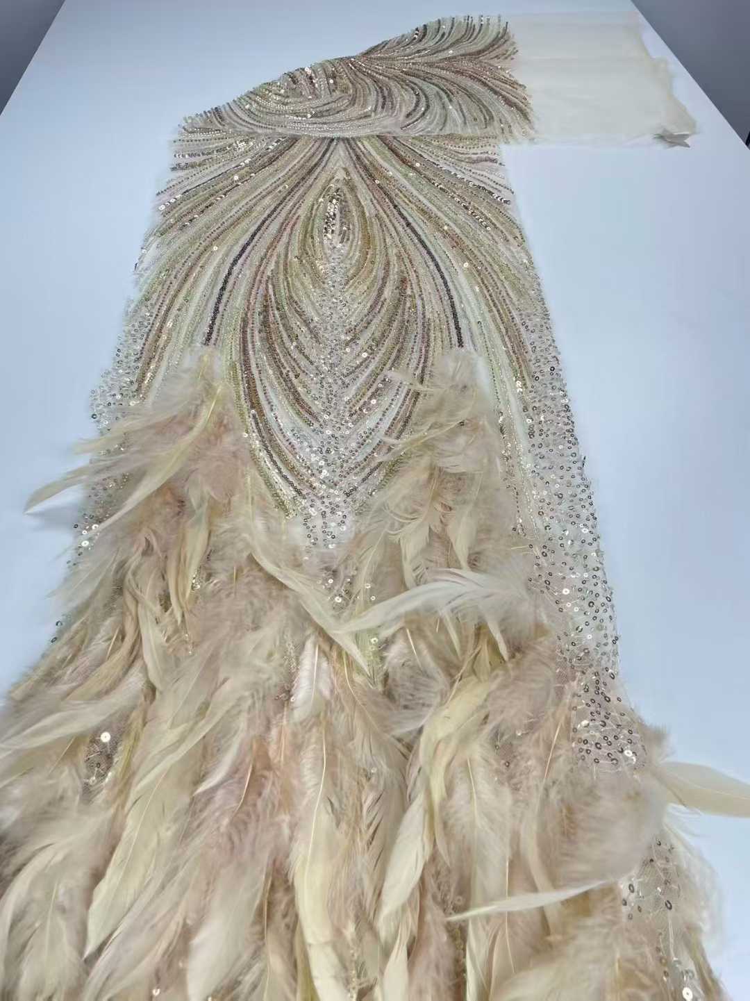 Affordable high quality lace fabric with beads pearls and sequins wedding dress lace fabric