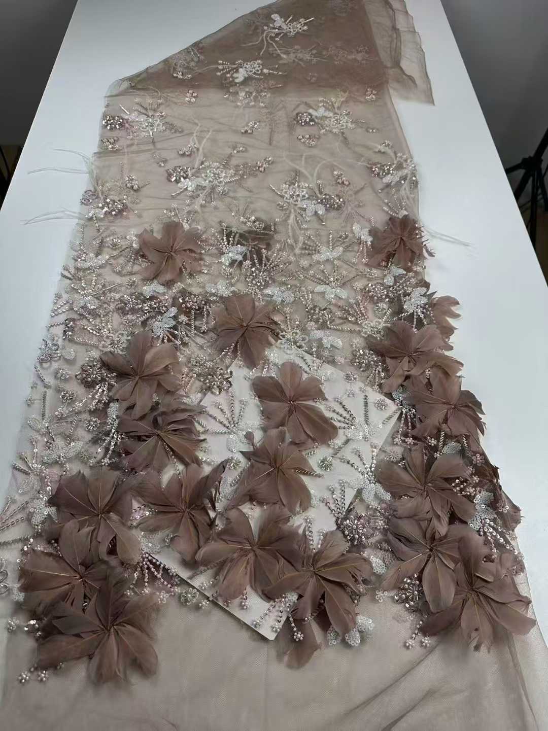 Affordable high quality lace fabric with beads pearls and sequins wedding dress lace fabric