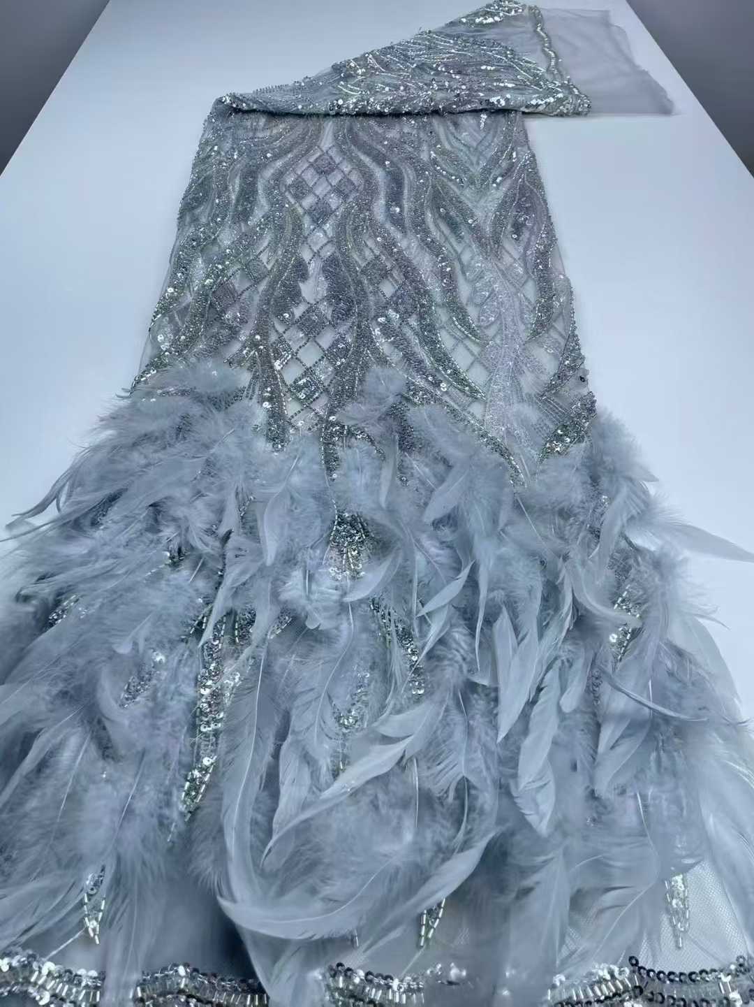 Affordable high quality lace fabric with beads pearls and sequins wedding dress lace fabric