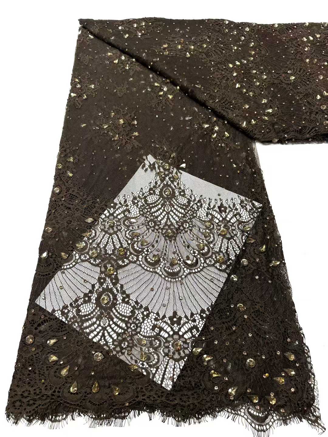 Affordable high quality lace fabric with beads pearls and sequins wedding dress lace fabric
