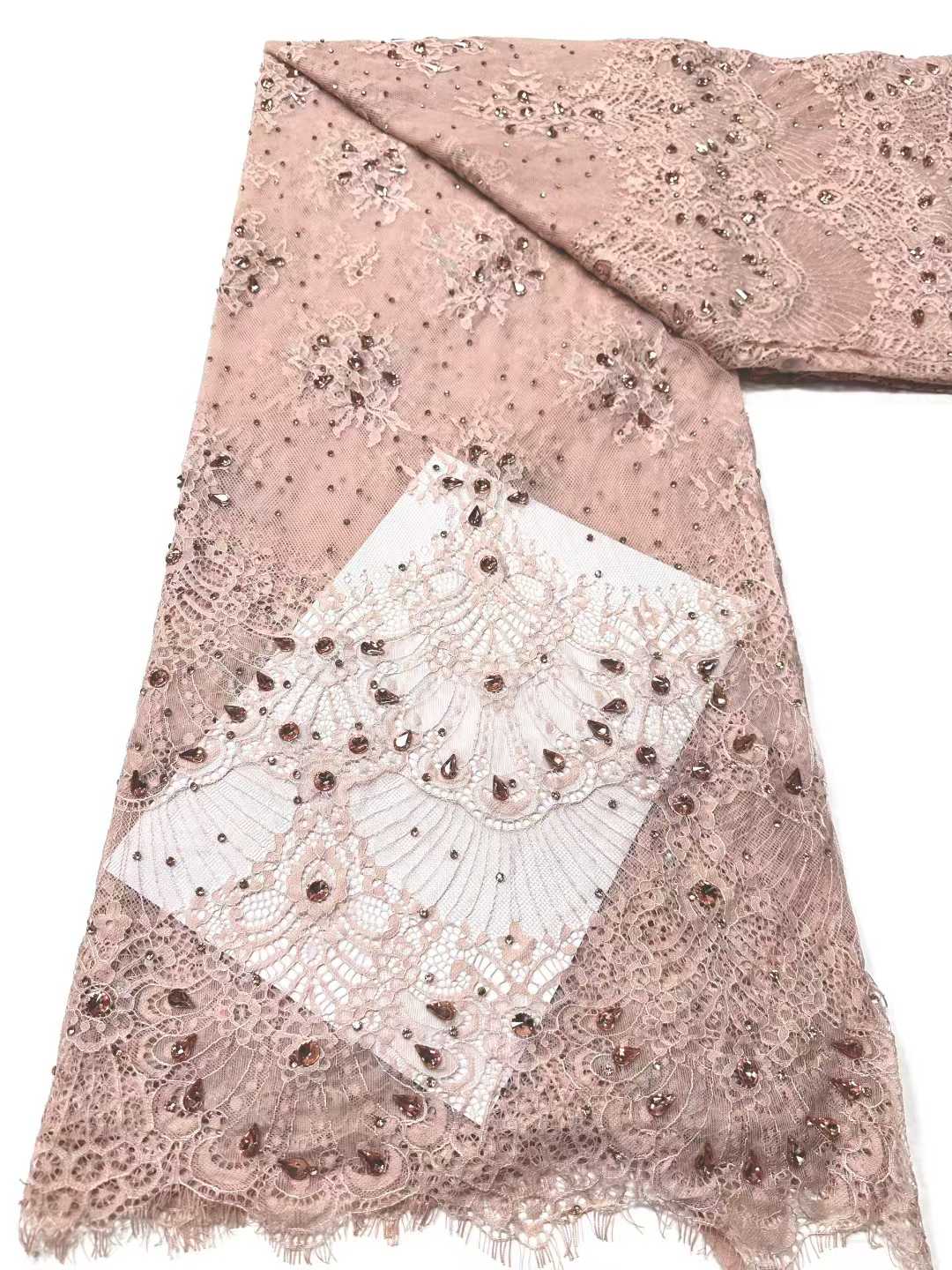 Affordable high quality lace fabric with beads pearls and sequins wedding dress lace fabric