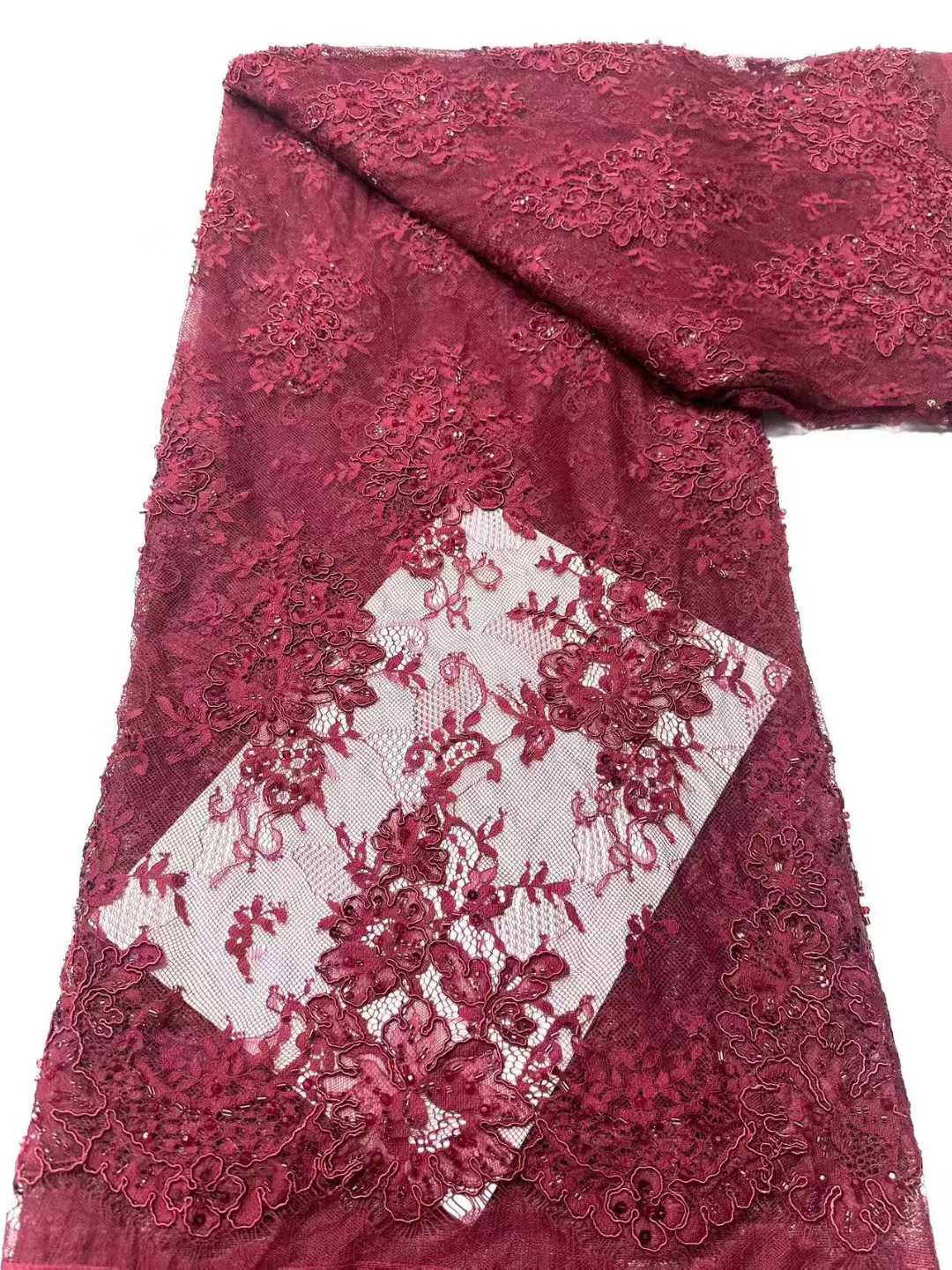 Affordable high quality lace fabric with beads pearls and sequins wedding dress lace fabric