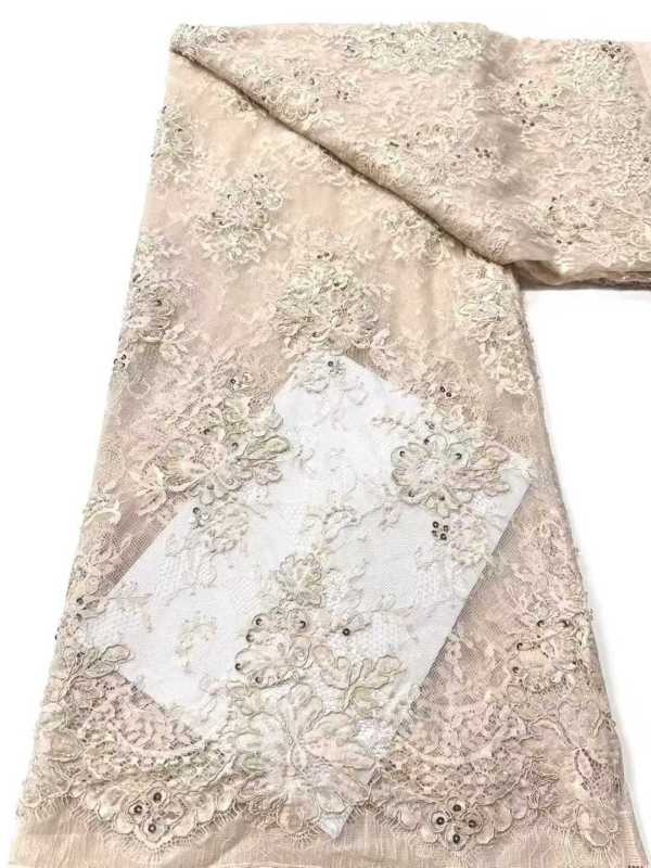 Affordable high quality lace fabric with beads pearls and sequins wedding dress lace fabric