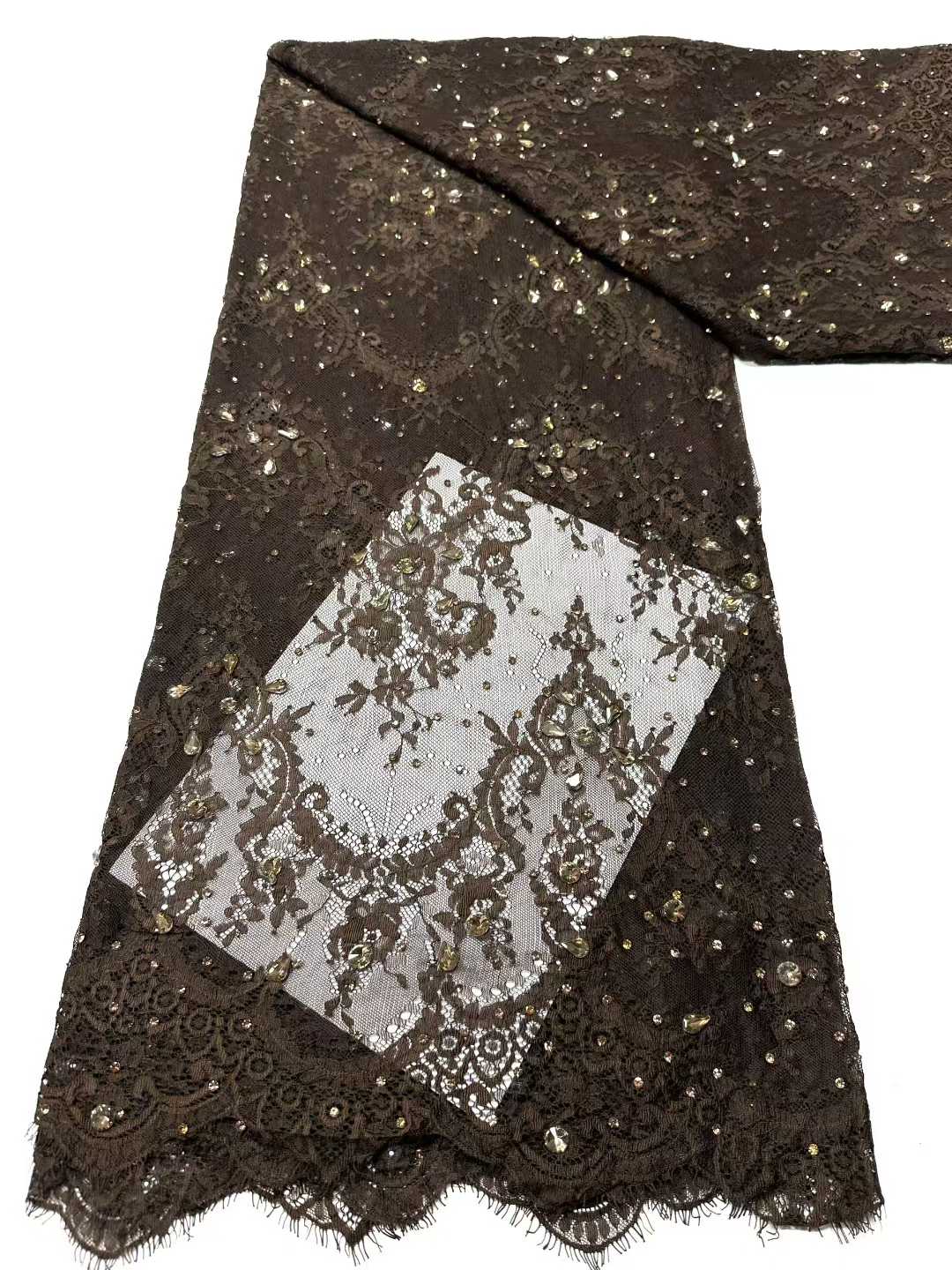 Affordable high quality lace fabric with beads pearls and sequins wedding dress lace fabric