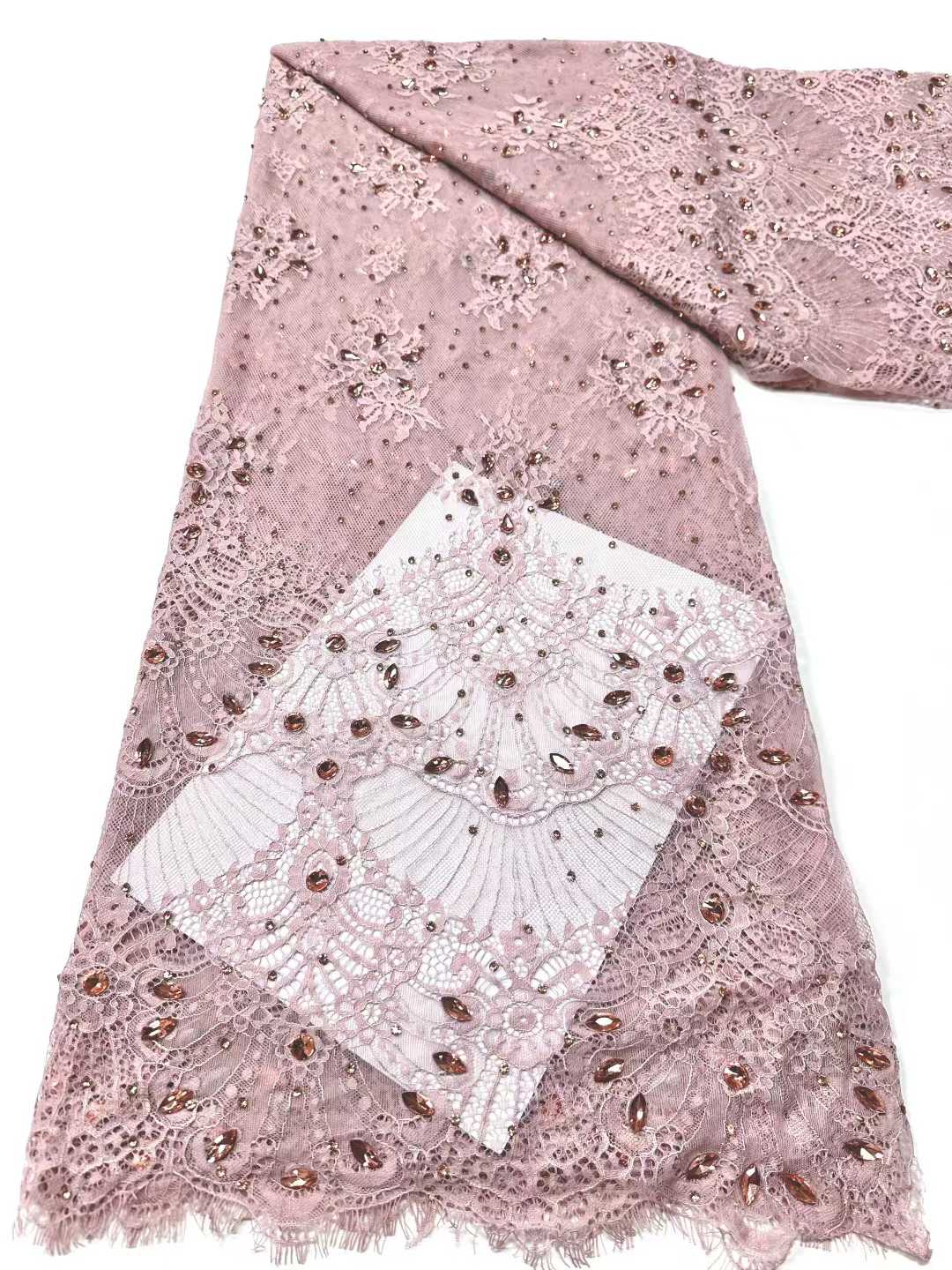 Affordable high quality lace fabric with beads pearls and sequins wedding dress lace fabric