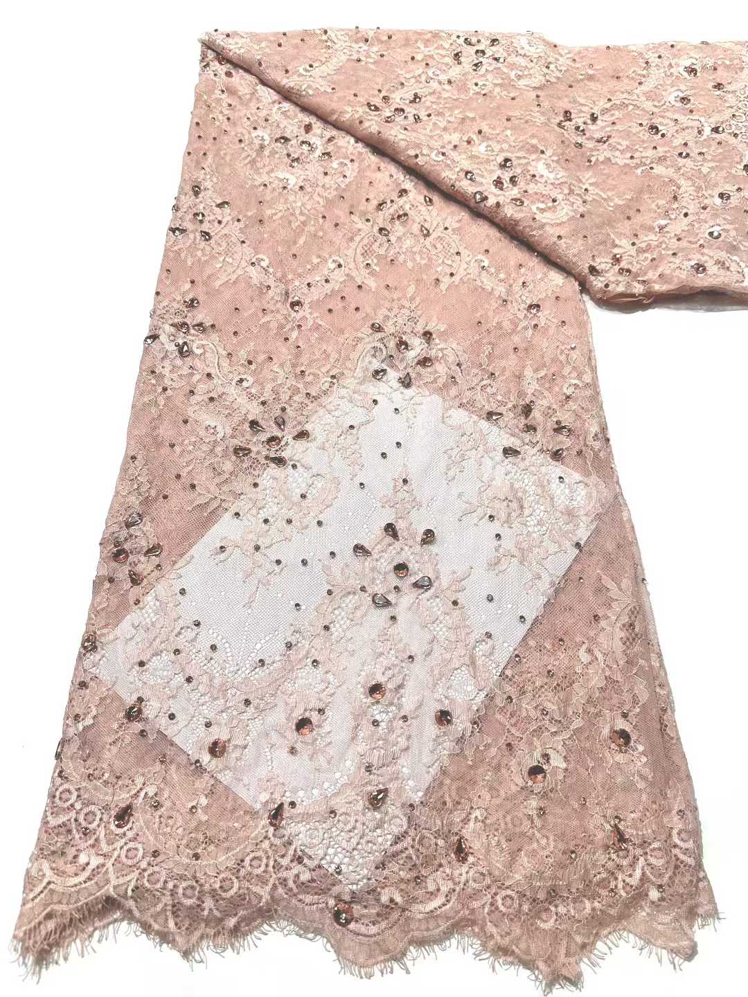 Affordable high quality lace fabric with beads pearls and sequins wedding dress lace fabric