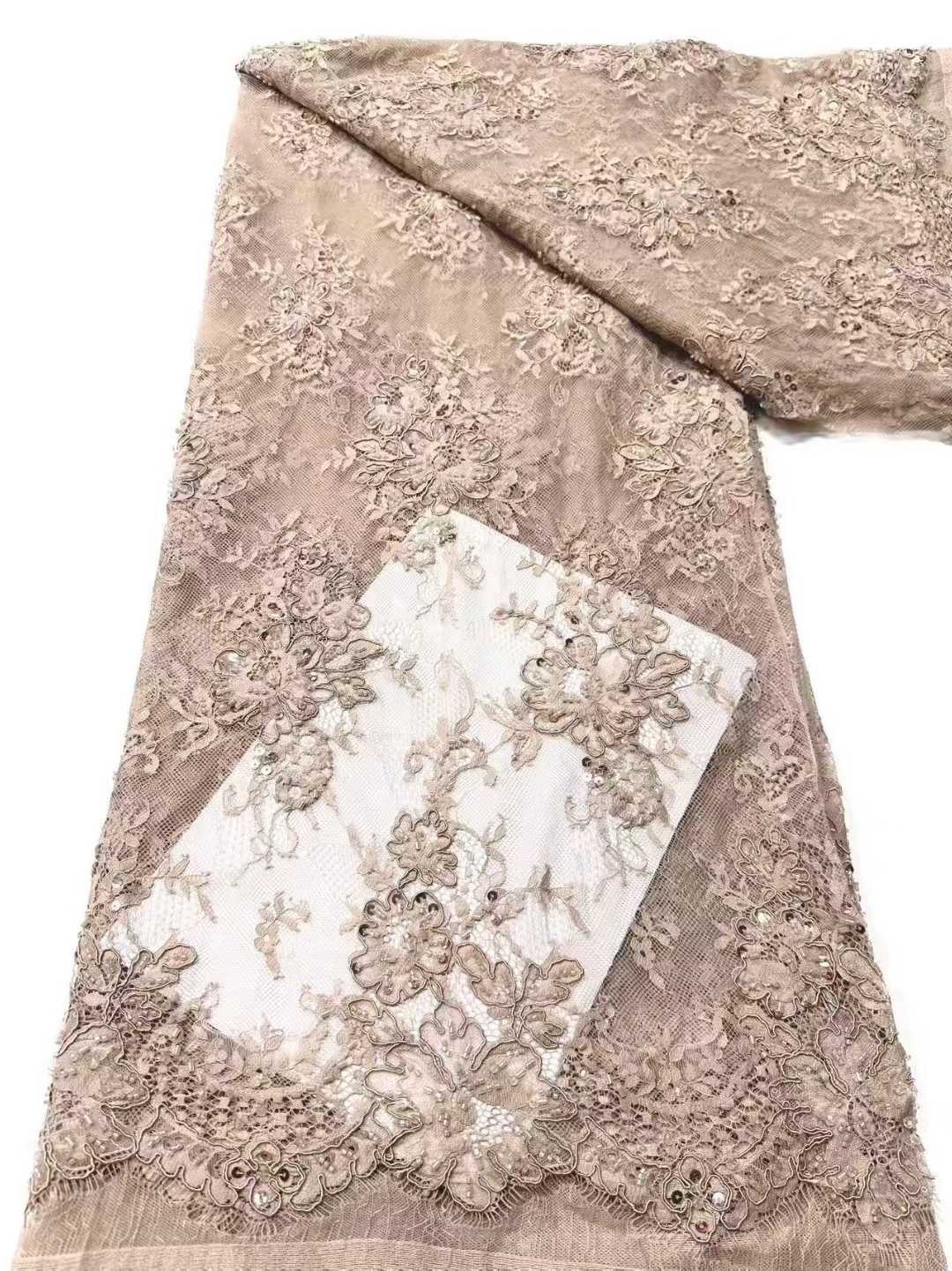 Affordable high quality lace fabric with beads pearls and sequins wedding dress lace fabric