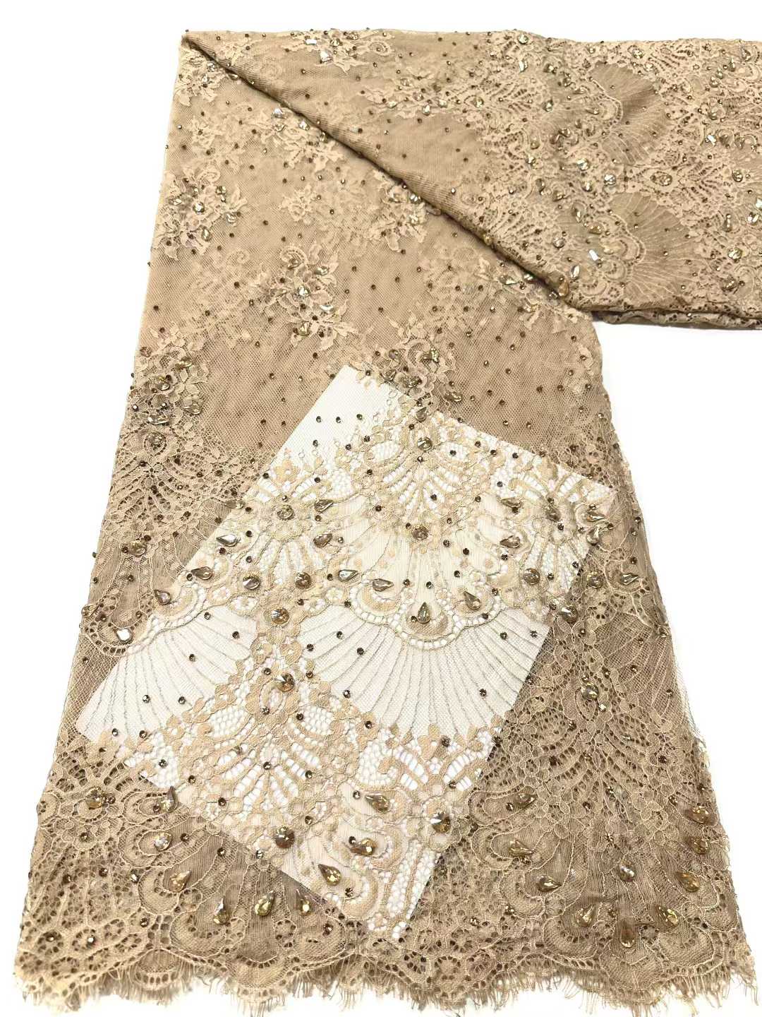 Affordable high quality lace fabric with beads pearls and sequins wedding dress lace fabric