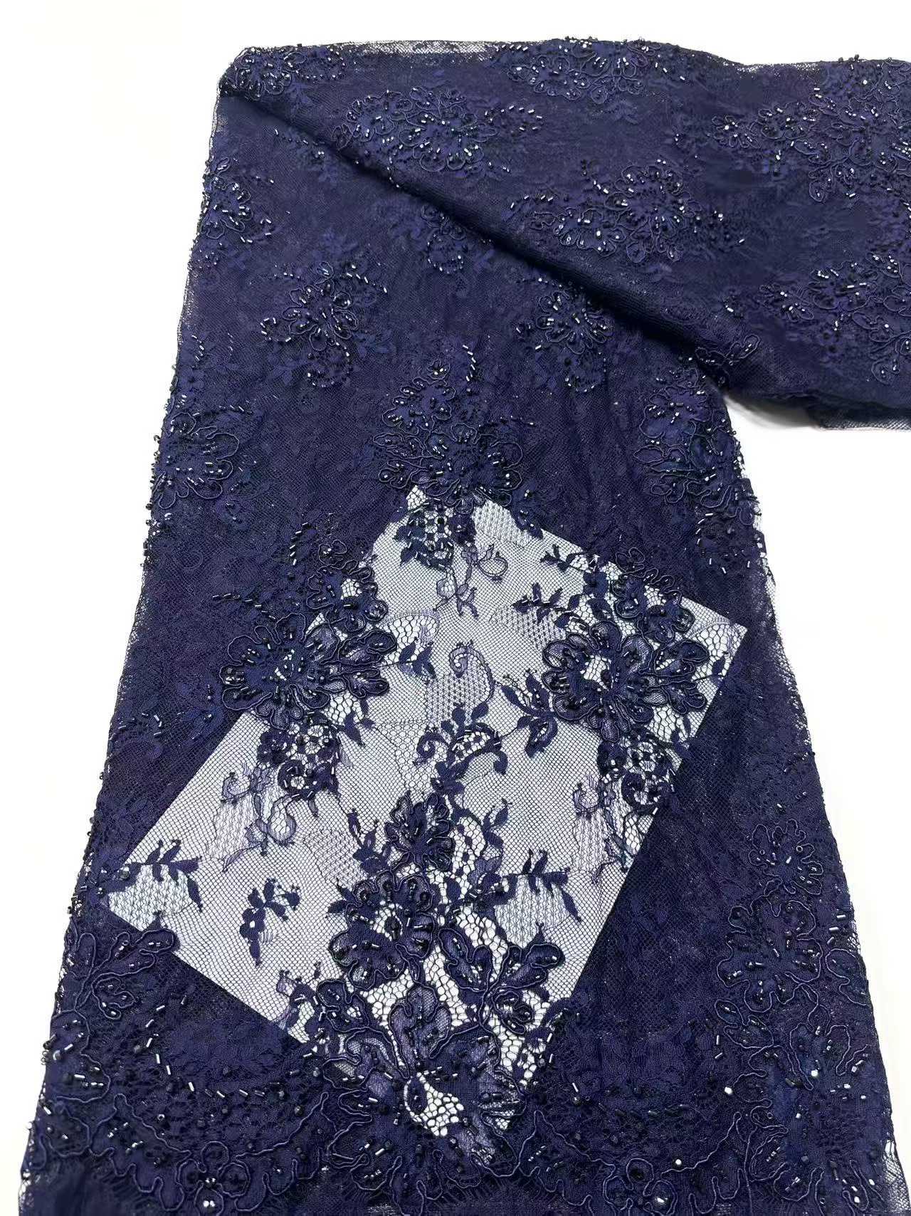Affordable high quality lace fabric with beads pearls and sequins wedding dress lace fabric