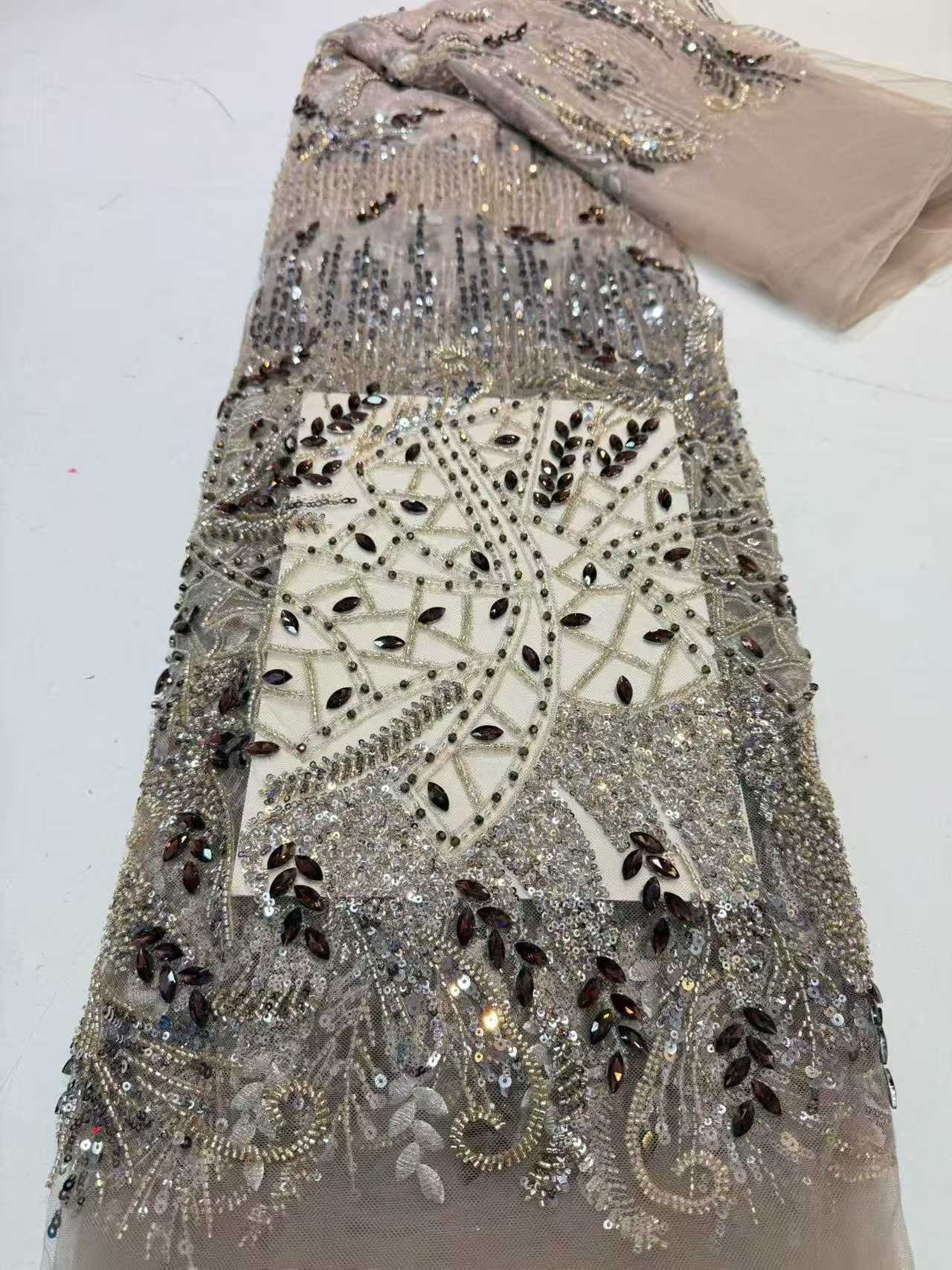 Affordable high quality lace fabric with beads pearls and sequins wedding dress lace fabric
