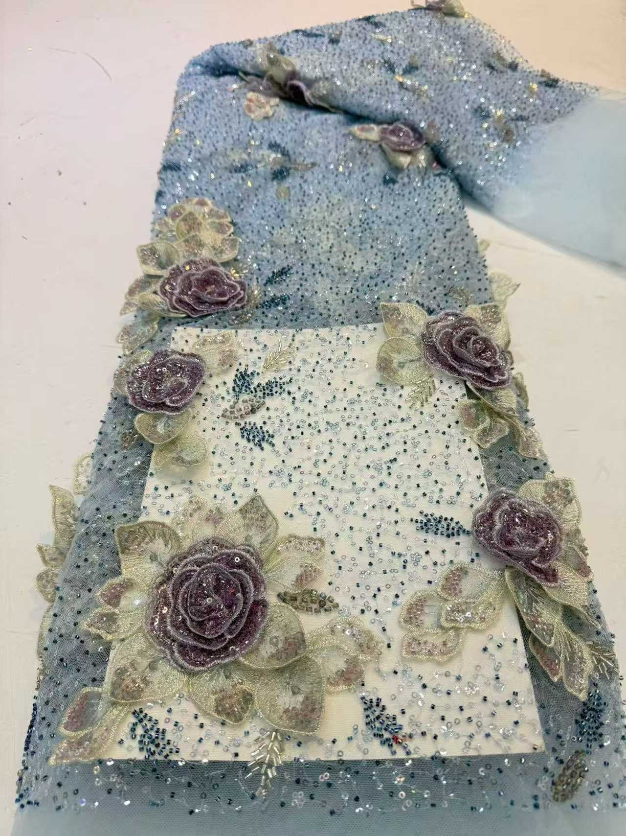 Affordable high quality lace fabric with beads pearls and sequins wedding dress lace fabric