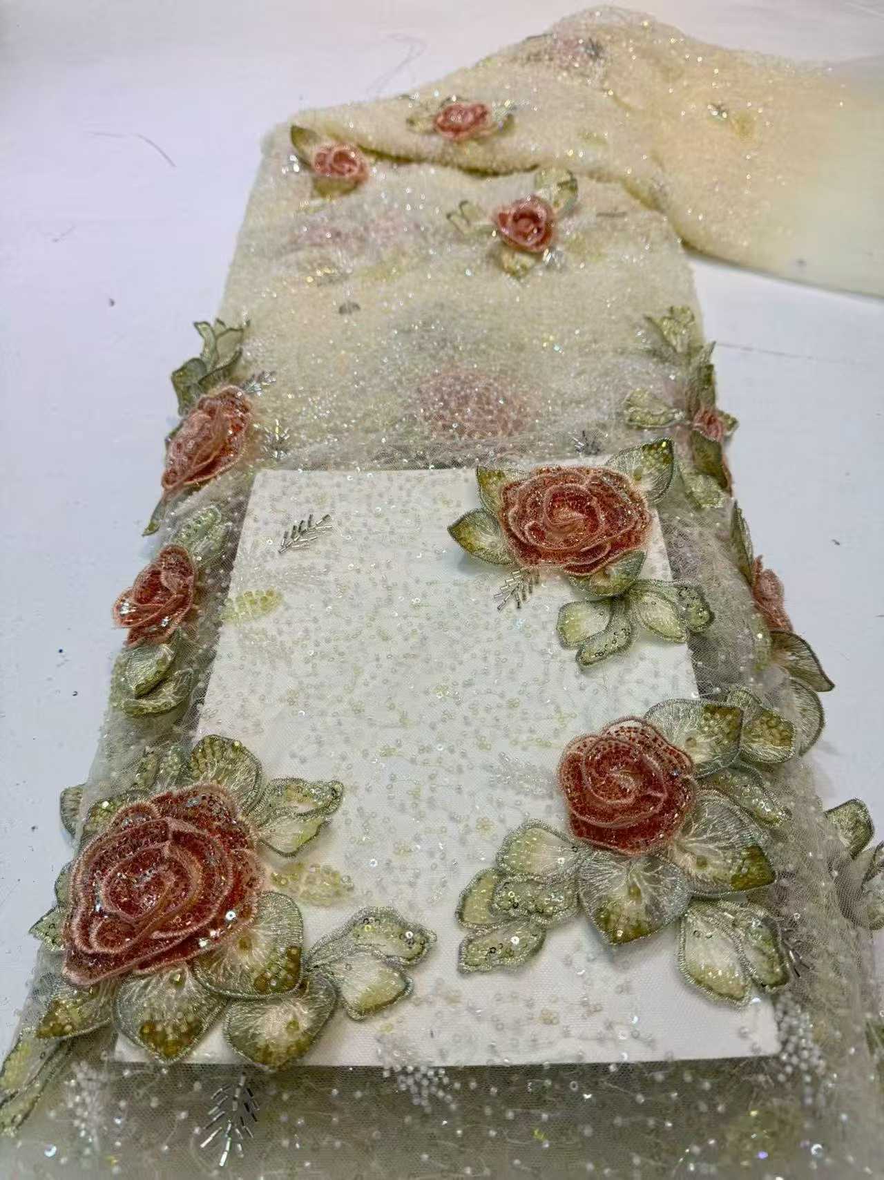 Affordable high quality lace fabric with beads pearls and sequins wedding dress lace fabric