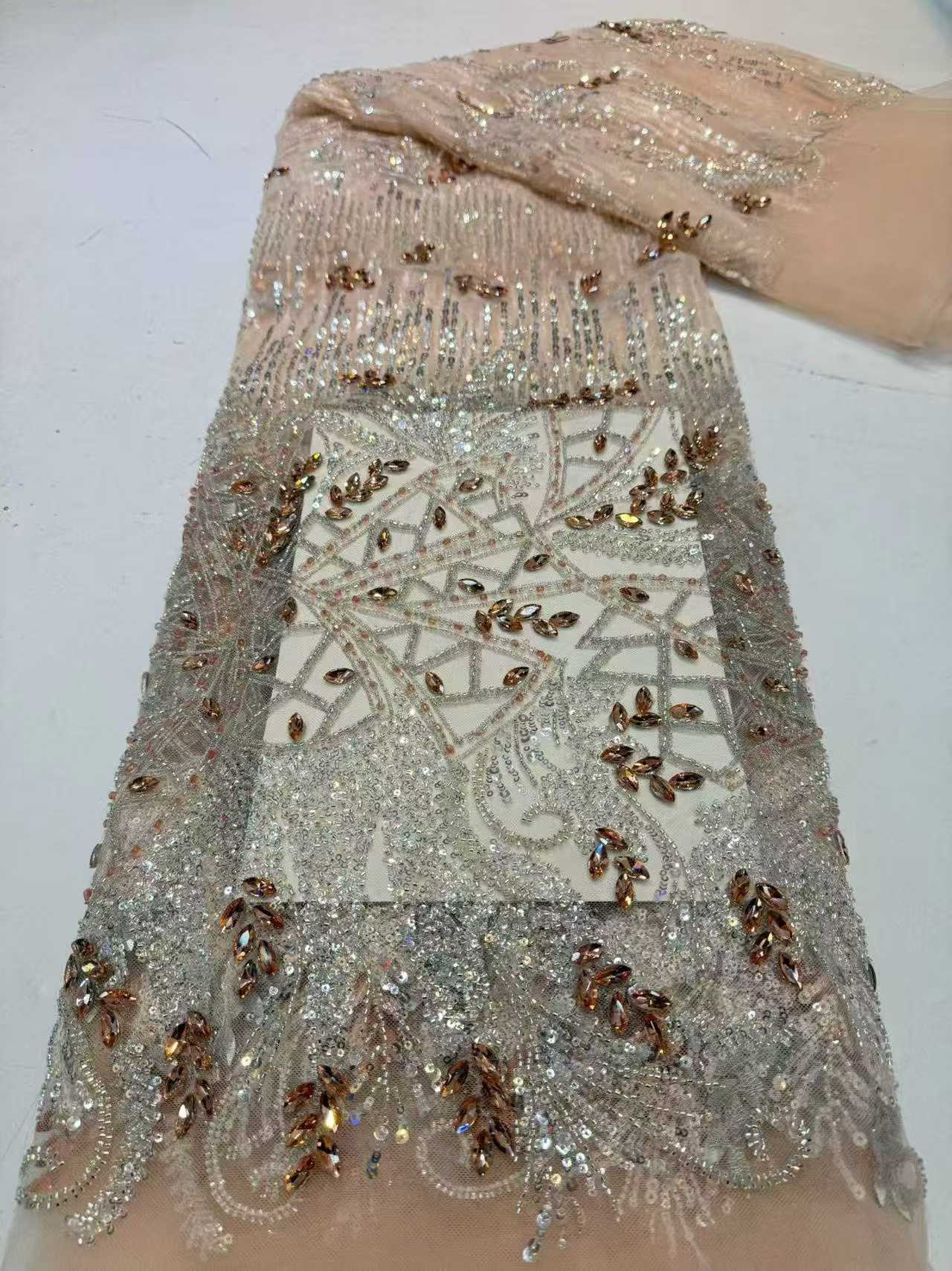 Affordable high quality lace fabric with beads pearls and sequins wedding dress lace fabric