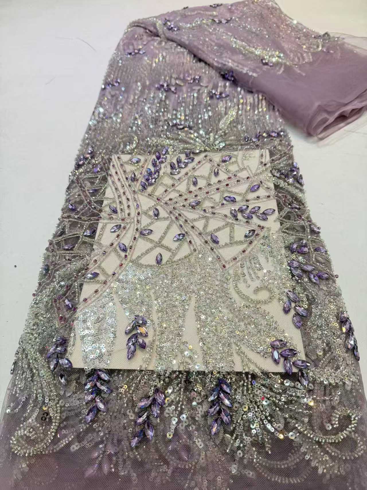 Affordable high quality lace fabric with beads pearls and sequins wedding dress lace fabric