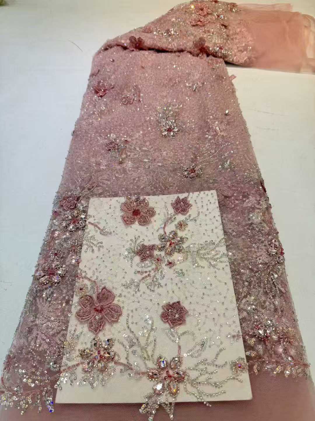 Affordable high quality lace fabric with beads pearls and sequins wedding dress lace fabric