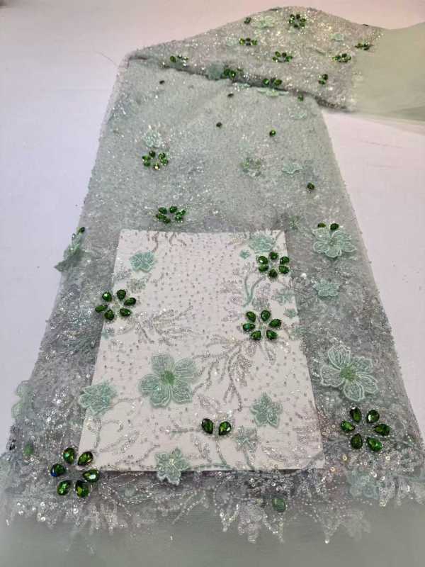 Affordable high quality lace fabric with beads pearls and sequins wedding dress lace fabric