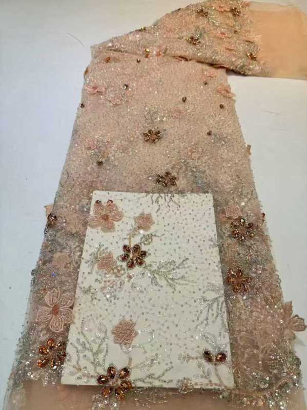 Affordable high quality lace fabric with beads pearls and sequins wedding dress lace fabric