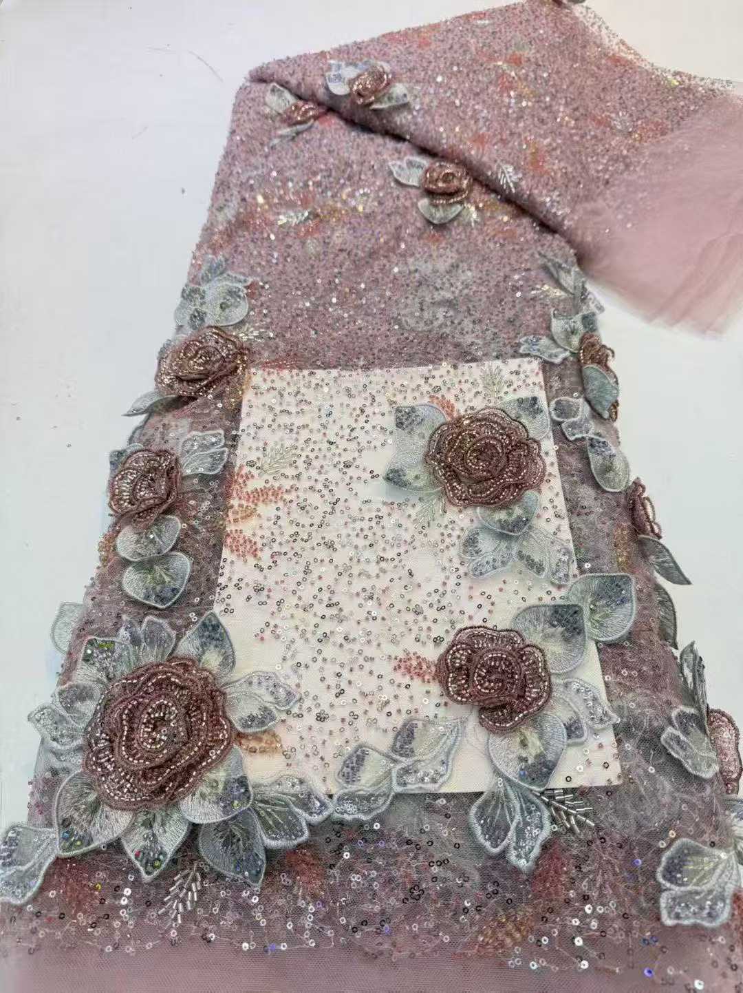 Affordable high quality lace fabric with beads pearls and sequins wedding dress lace fabric