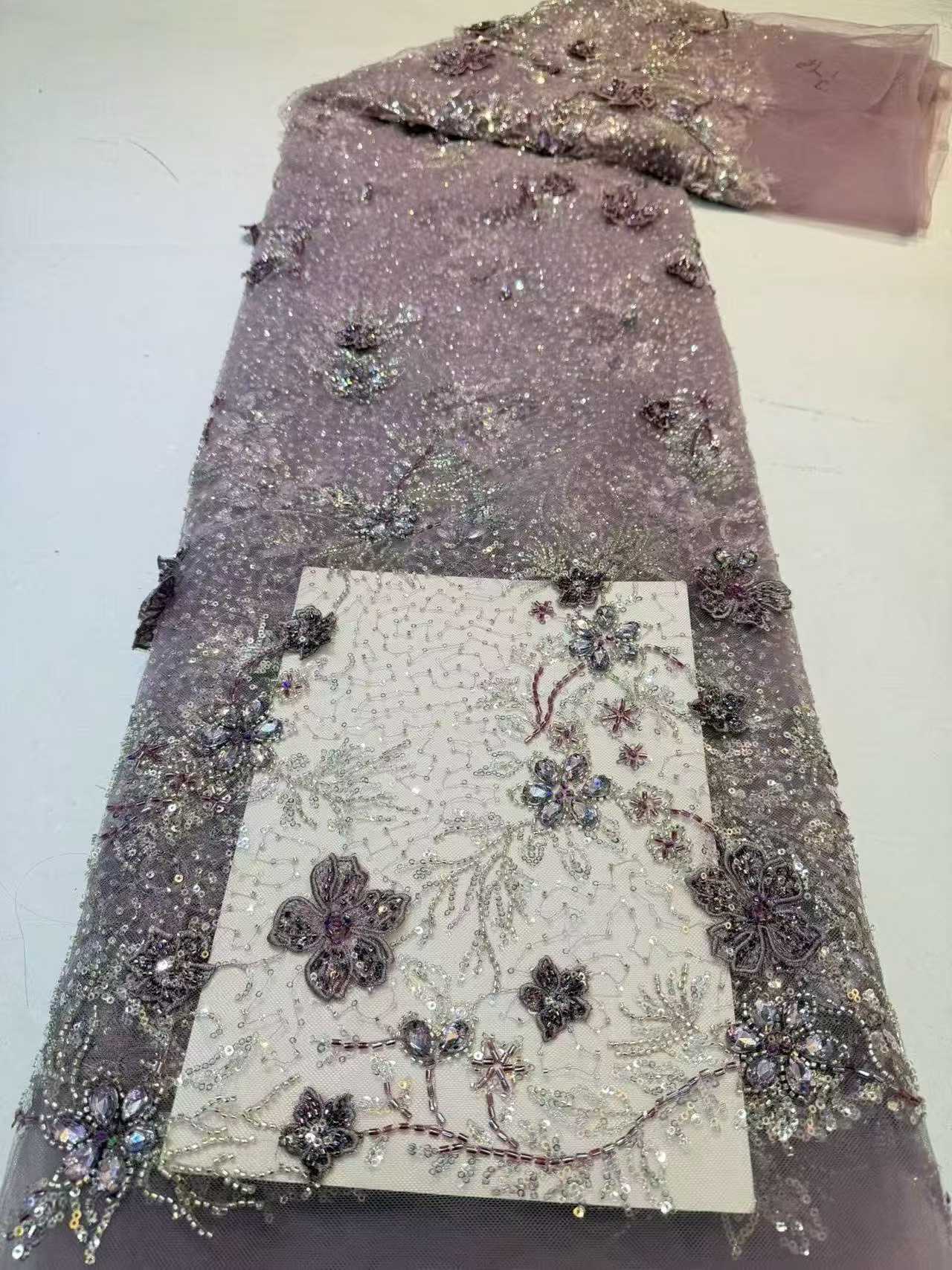 Affordable high quality lace fabric with beads pearls and sequins wedding dress lace fabric