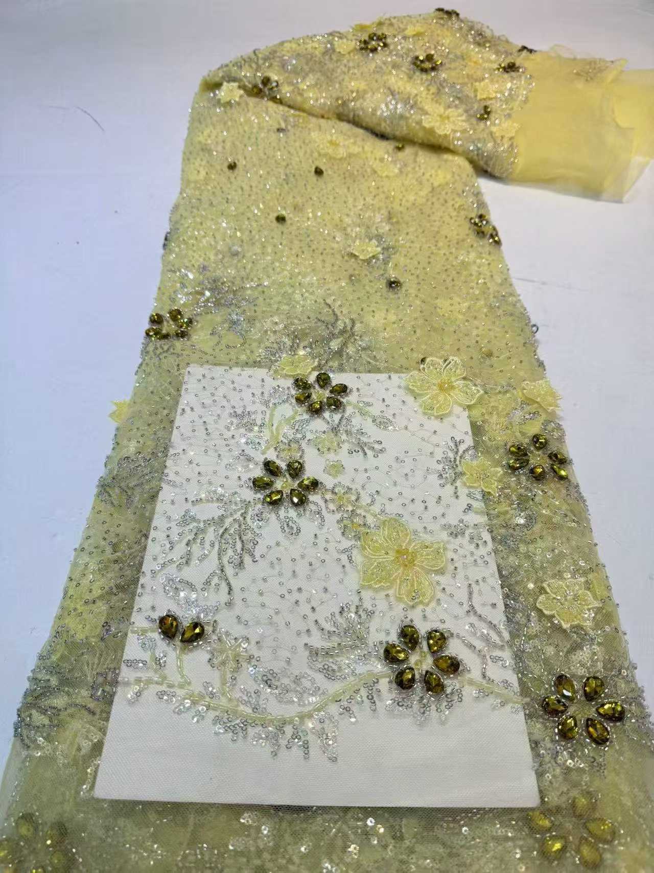 Affordable high quality lace fabric with beads pearls and sequins wedding dress lace fabric