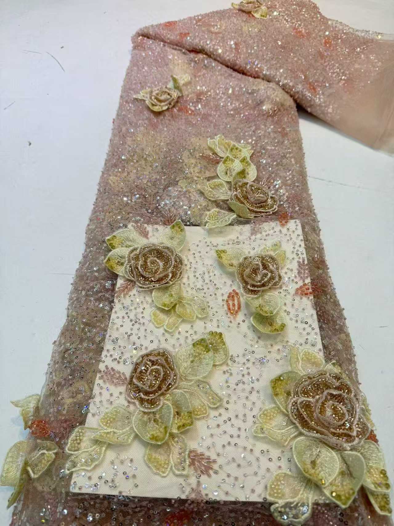 Affordable high quality lace fabric with beads pearls and sequins wedding dress lace fabric