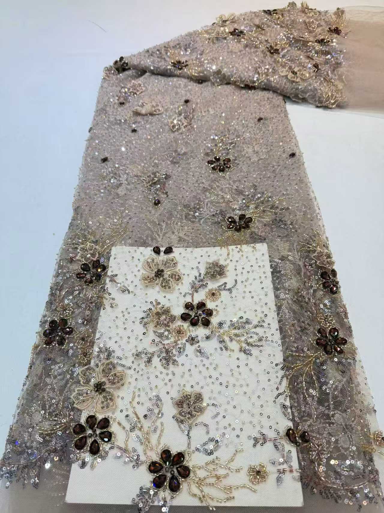 Affordable high quality lace fabric with beads pearls and sequins wedding dress lace fabric