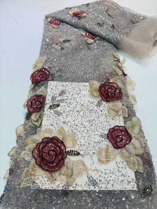 Affordable high quality lace fabric with beads pearls and sequins wedding dress lace fabric