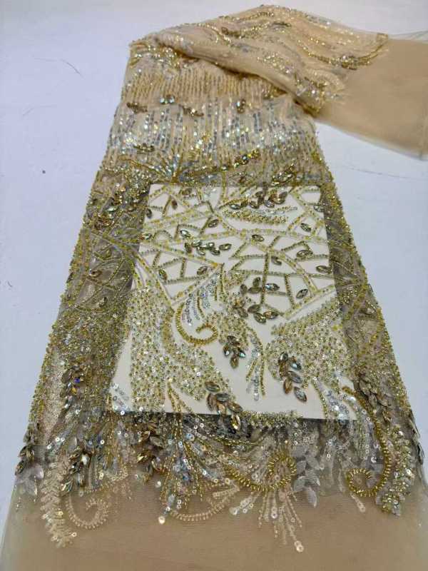 Affordable high quality lace fabric with beads pearls and sequins wedding dress lace fabric