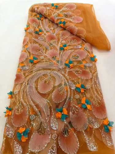 Affordable high quality lace fabric with beads pearls and sequins wedding dress lace fabric
