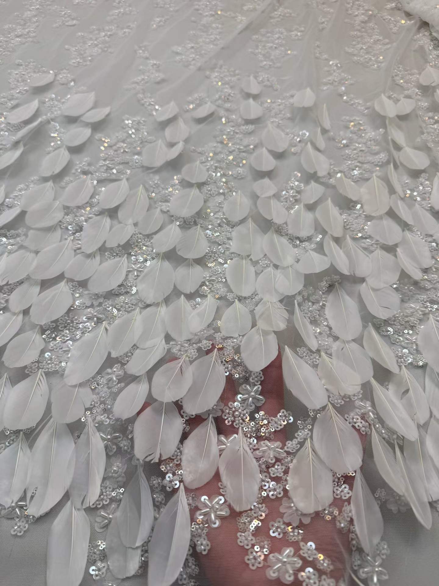 Affordable high quality lace fabric with beads pearls and sequins wedding dress lace fabric