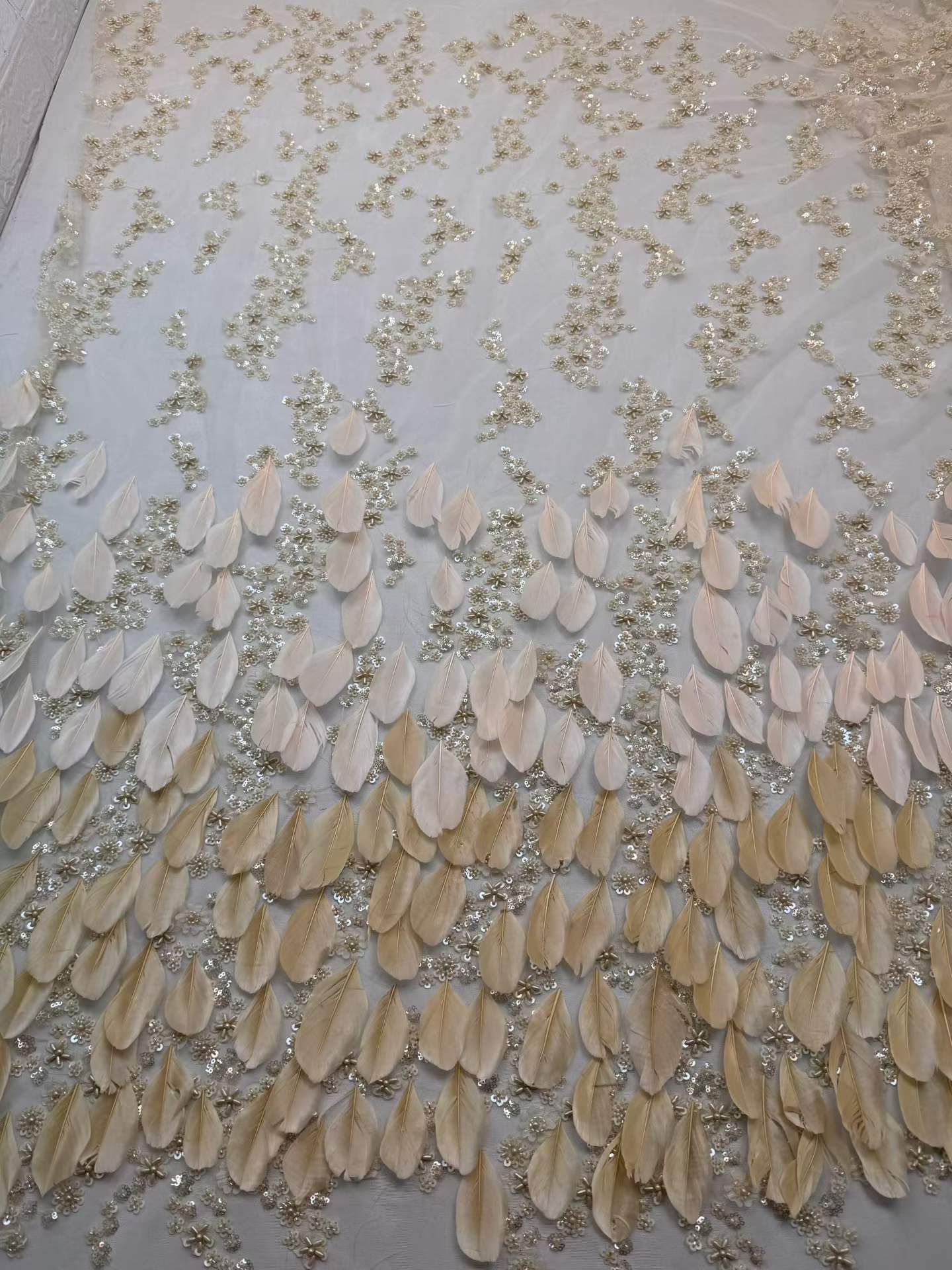 Affordable high quality lace fabric with beads pearls and sequins wedding dress lace fabric