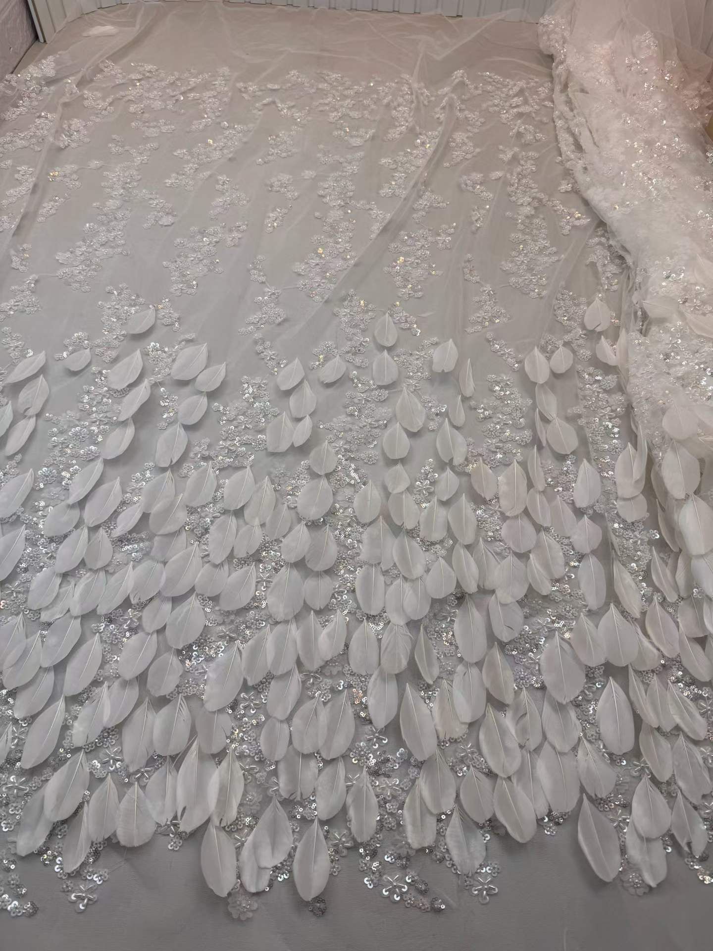 Affordable high quality lace fabric with beads pearls and sequins wedding dress lace fabric