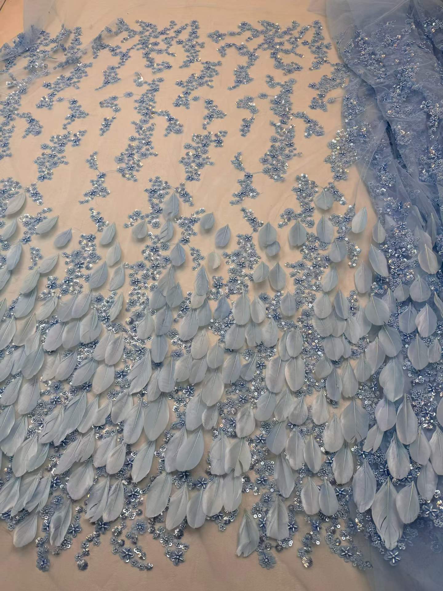 Affordable high quality lace fabric with beads pearls and sequins wedding dress lace fabric