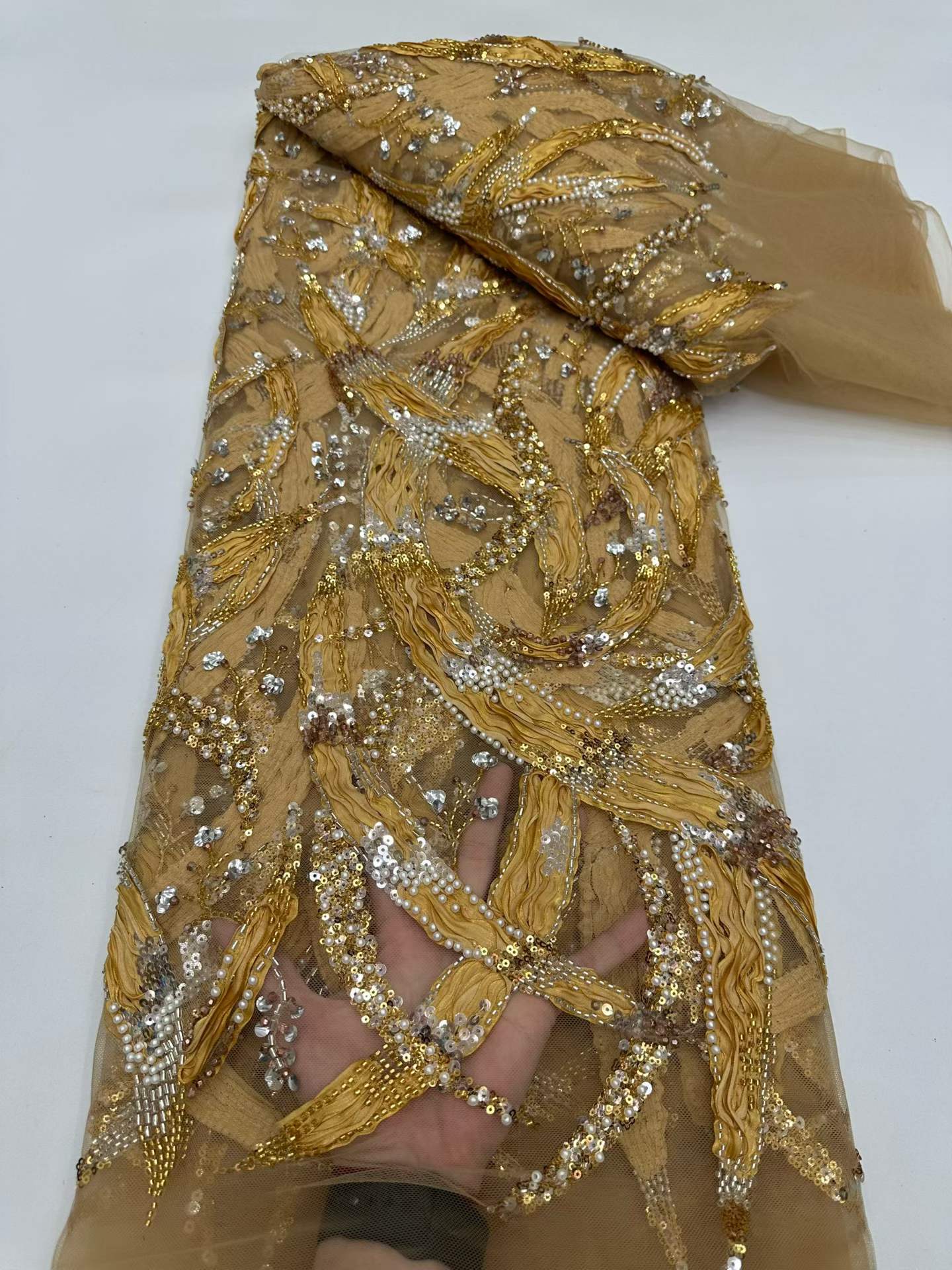 Affordable high quality lace fabric with beads pearls and sequins wedding dress lace fabric