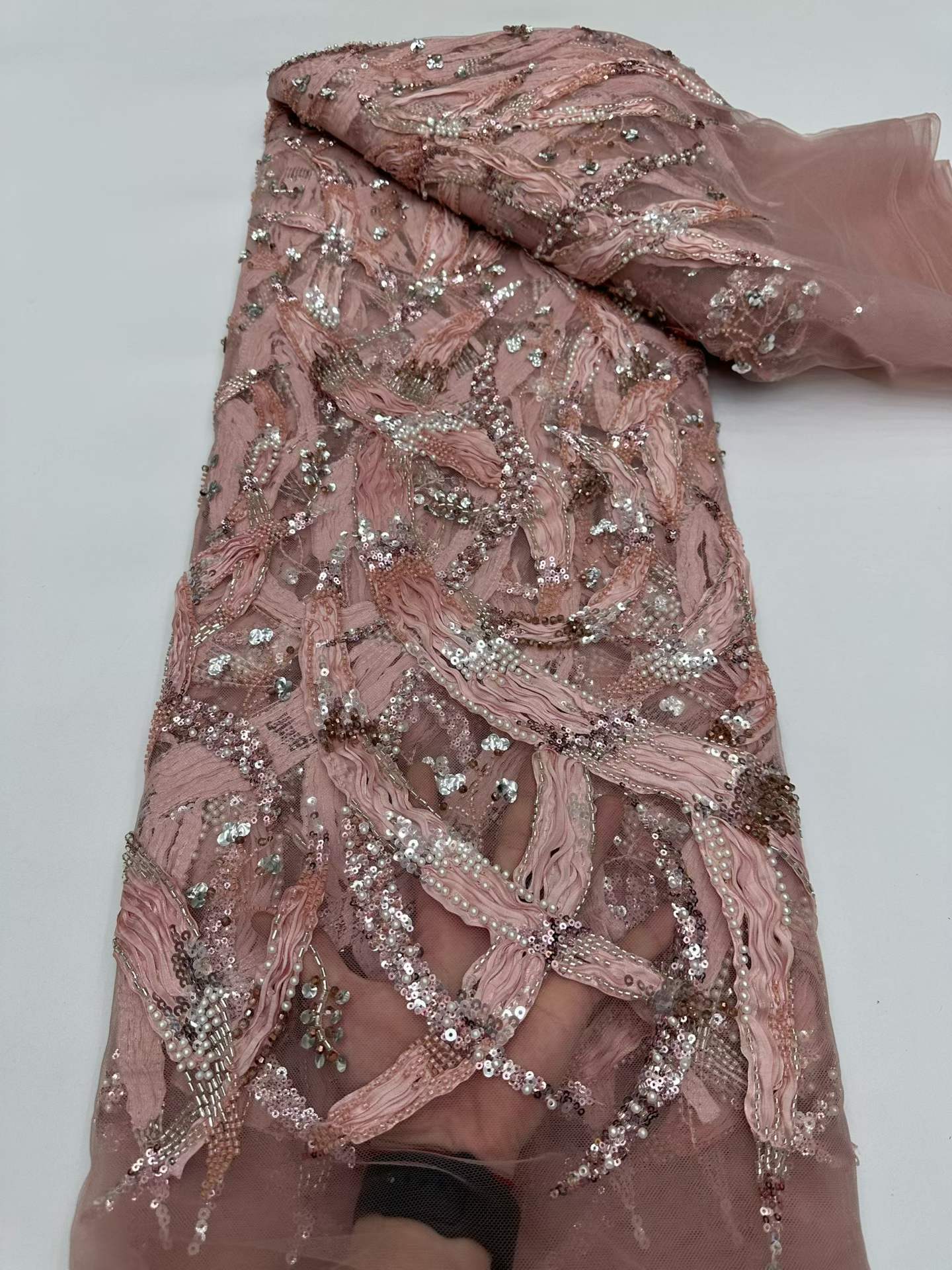 Affordable high quality lace fabric with beads pearls and sequins wedding dress lace fabric