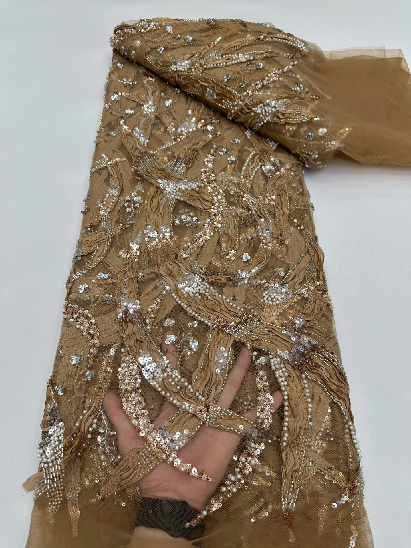 Affordable high quality lace fabric with beads pearls and sequins wedding dress lace fabric
