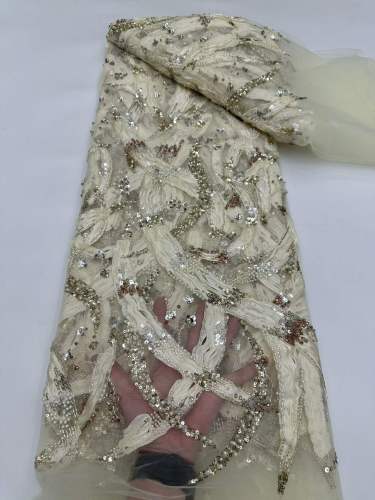 Affordable high quality lace fabric with beads pearls and sequins wedding dress lace fabric