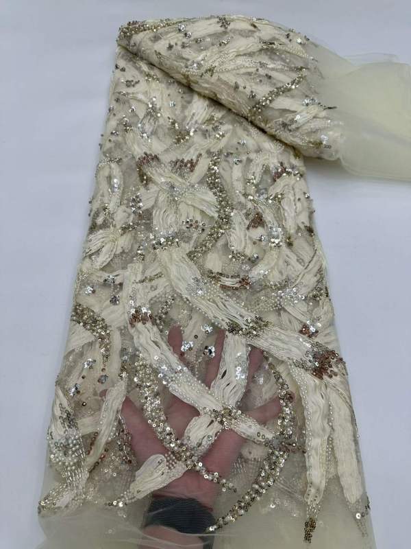 Affordable high quality lace fabric with beads pearls and sequins wedding dress lace fabric