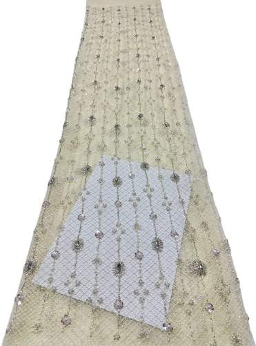 Affordable high quality lace fabric with beads pearls and sequins wedding dress lace fabric