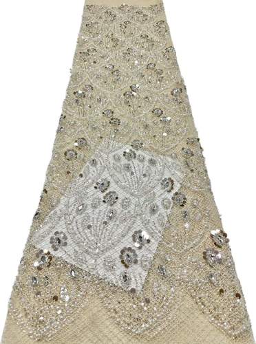 Affordable high quality lace fabric with beads pearls and sequins wedding dress lace fabric