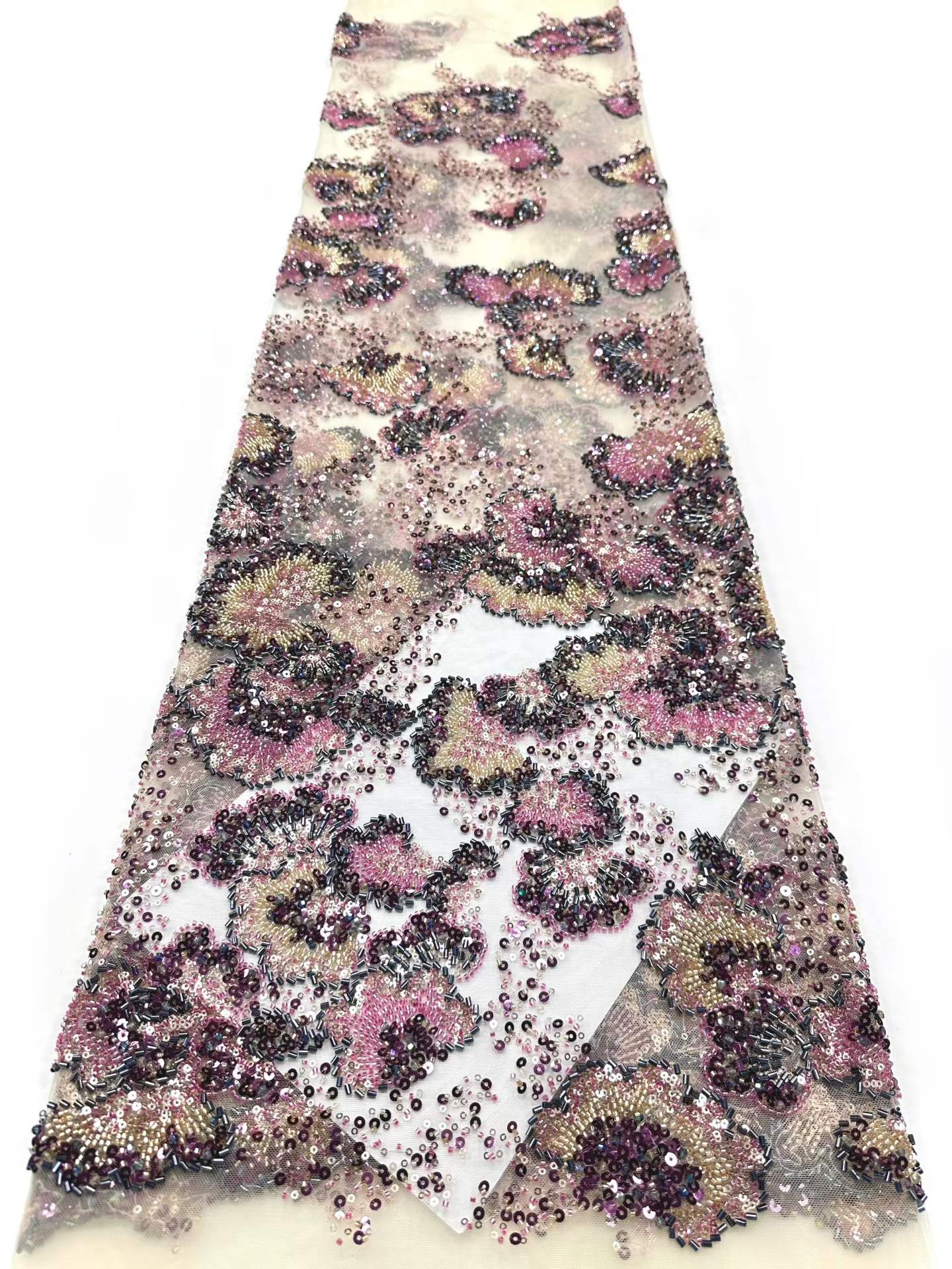 Affordable high quality lace fabric with beads pearls and sequins wedding dress lace fabric