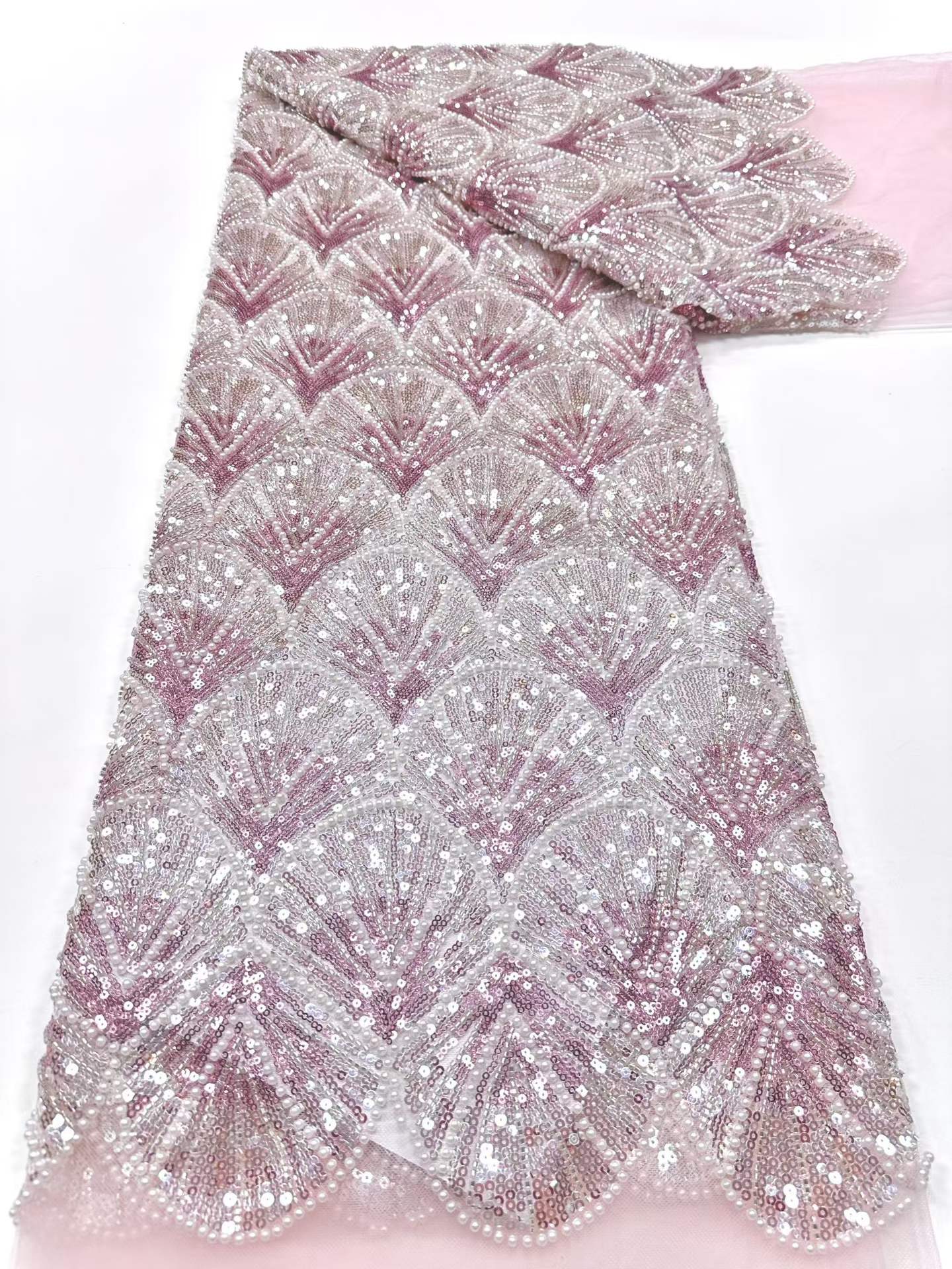 Affordable high quality lace fabric with beads pearls and sequins wedding dress lace fabric